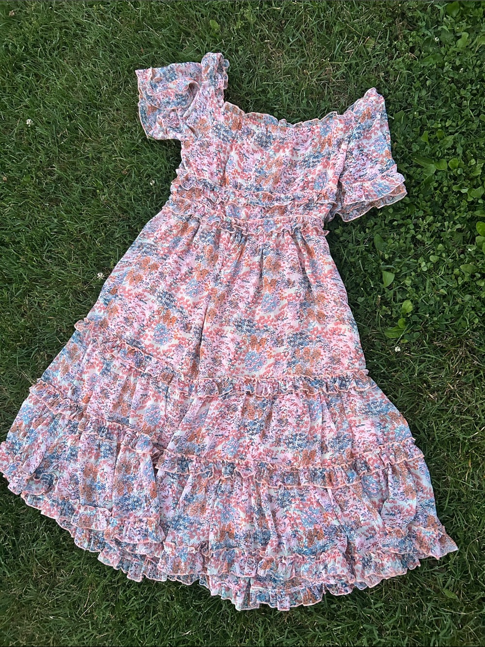 Whimsical floral ruffled midi dress